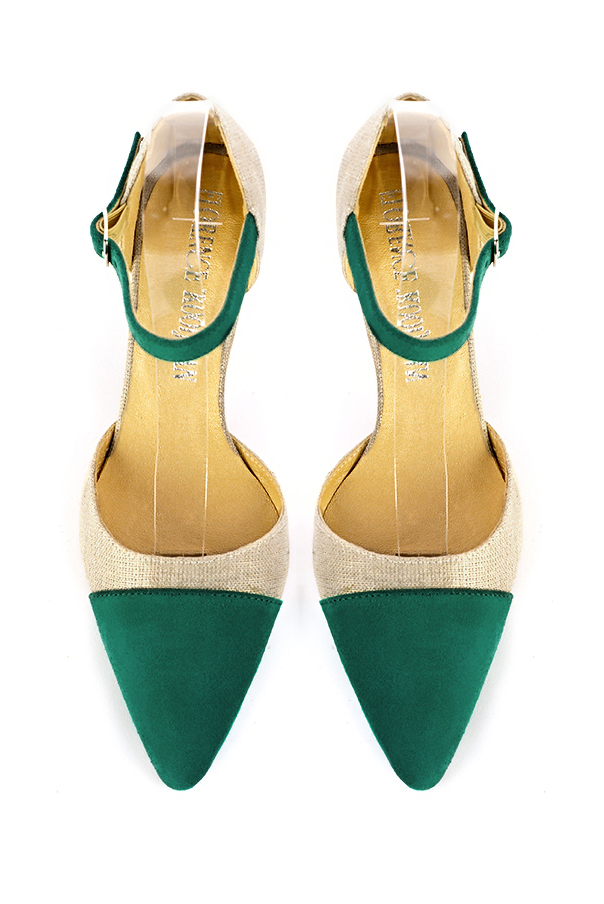 Women's emerald green and gold open side dress shoes, with an instep strap. Tapered toe. Medium comma heels - Top view